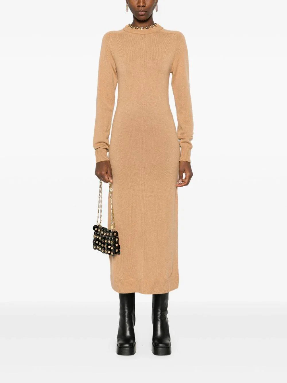 Abito collo gioiello cammello lana - Preludio Moda