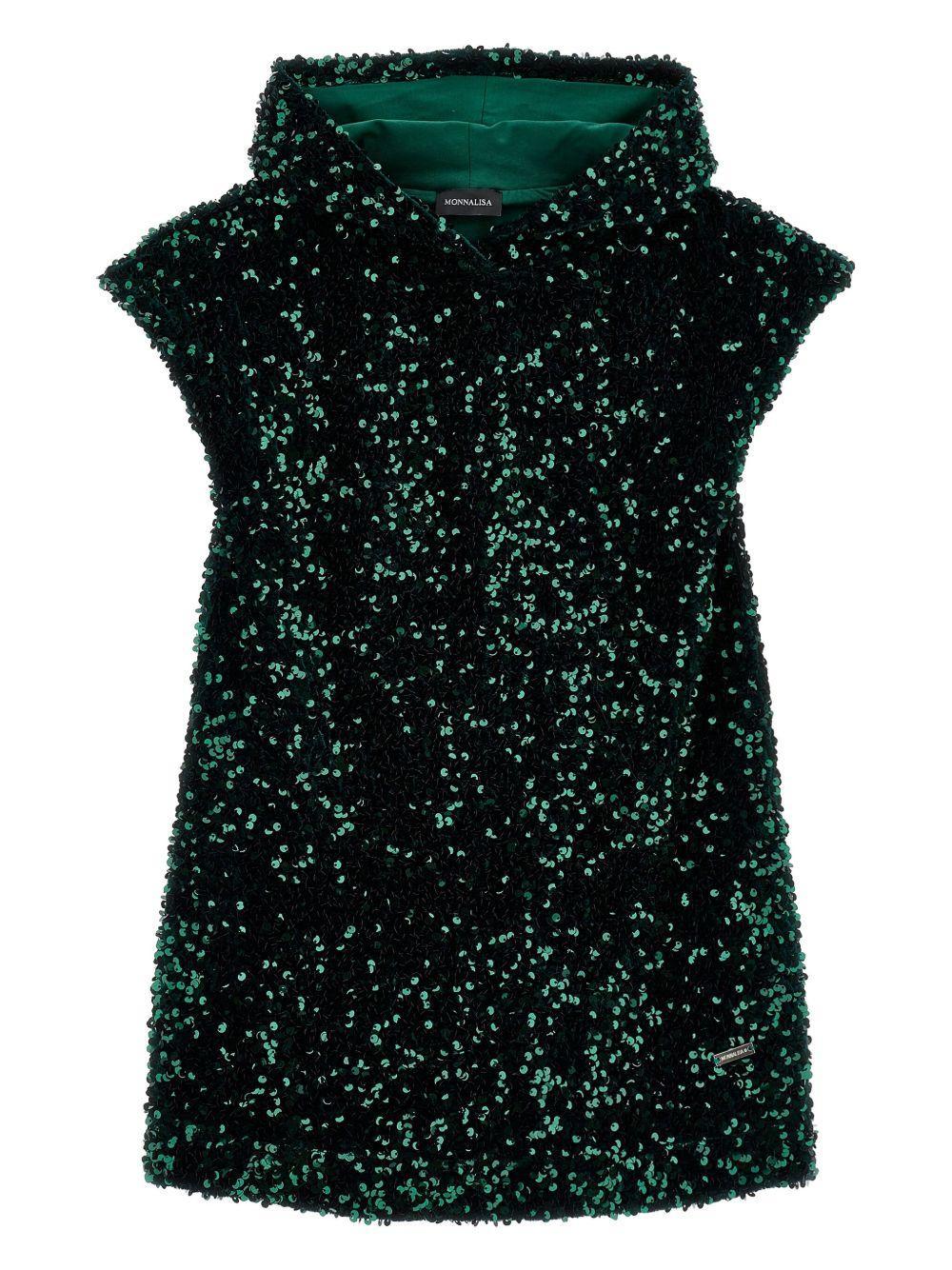 Abito Verde Scuro con Paillettes Cappuccio e Logo - Preludio Moda