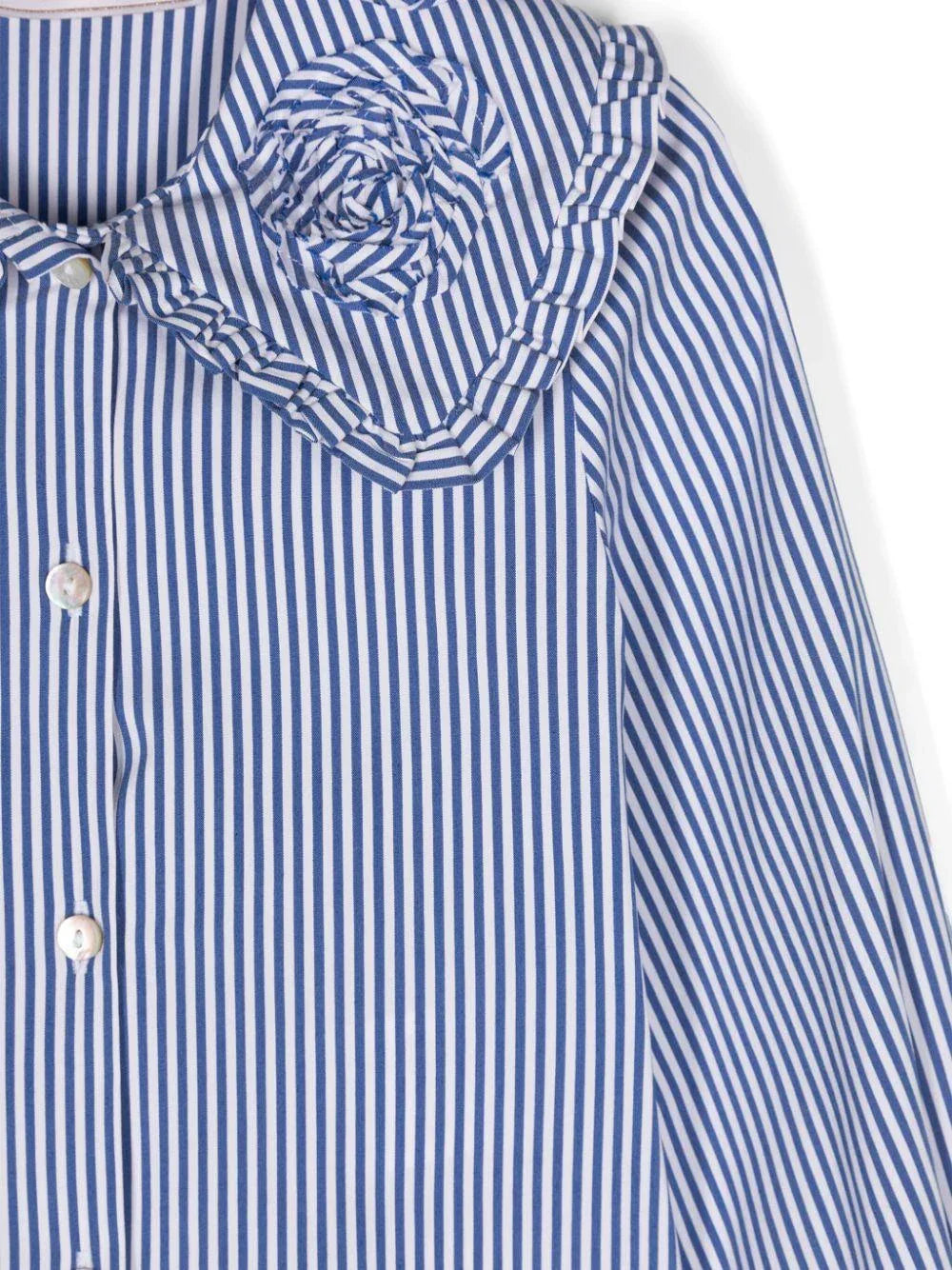 Camicia gessata blu ricami colletto - Preludio Moda