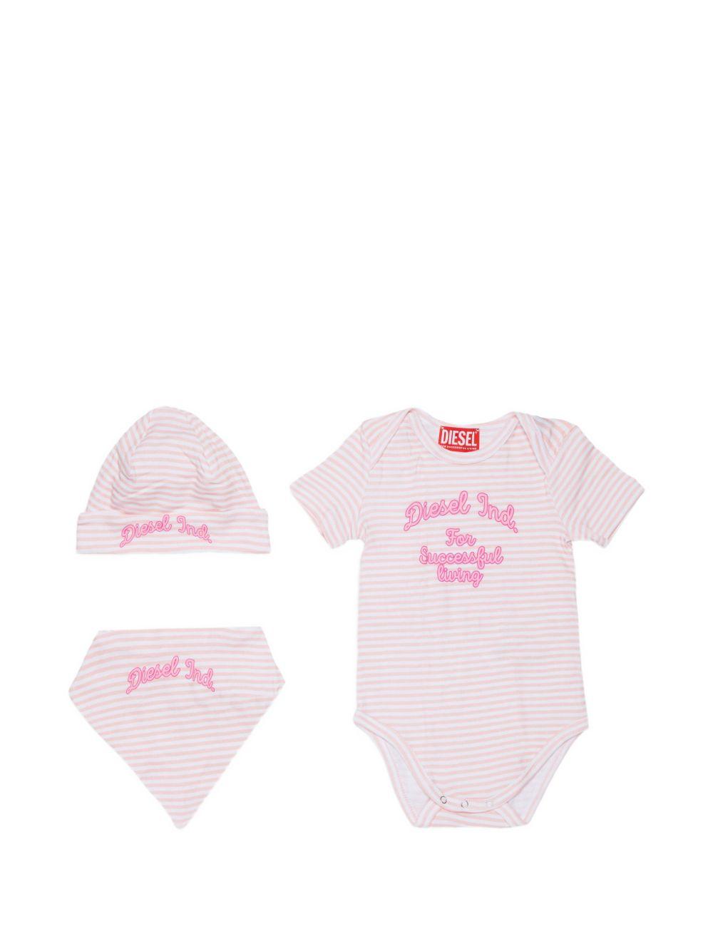 Set neonato in cotone a righe con body, bavaglia e cappellino N00094KYA01 K10PI DIESEL KIDS