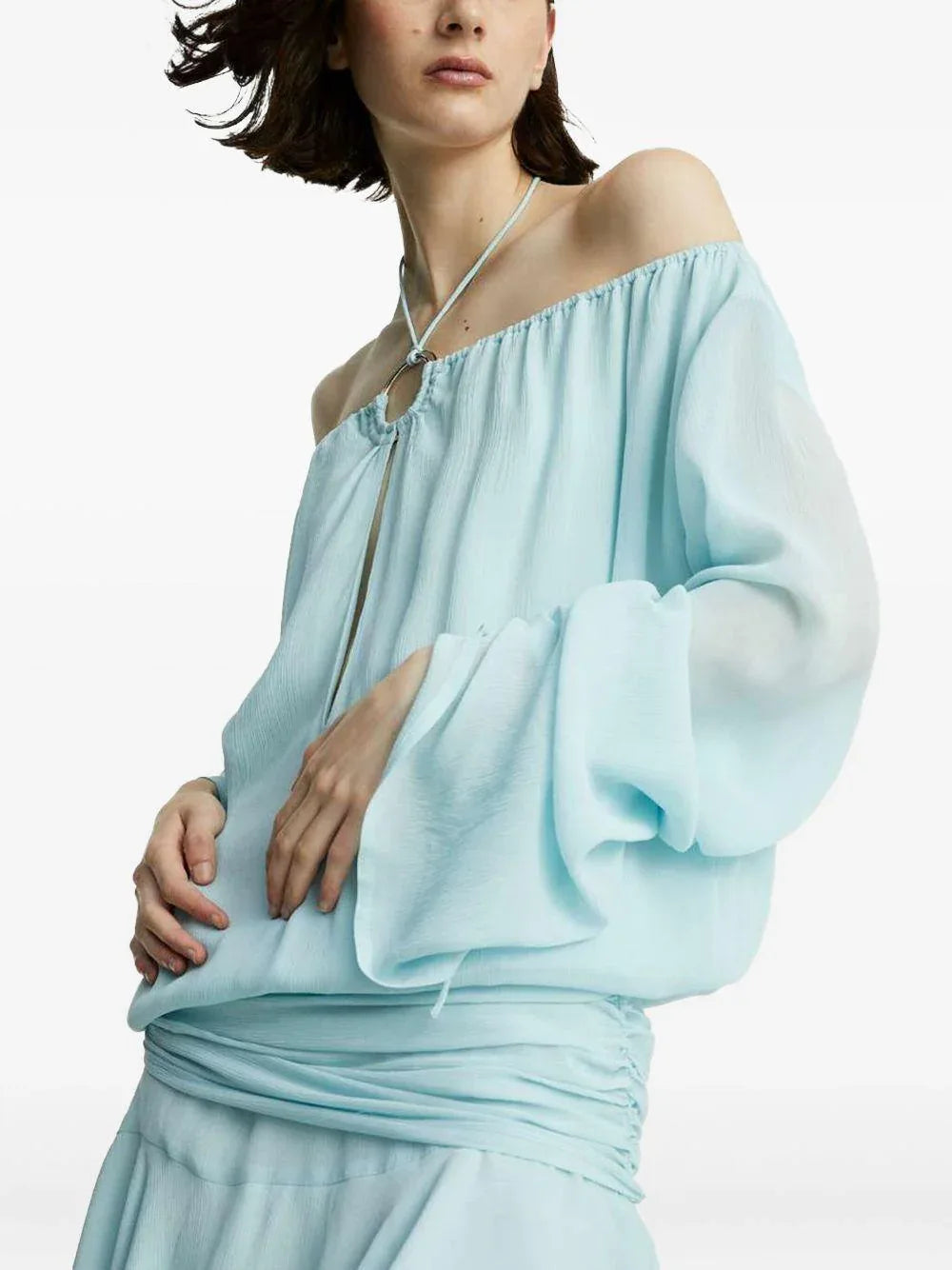 Abito celeste crepè con fusciacca - Preludio Moda