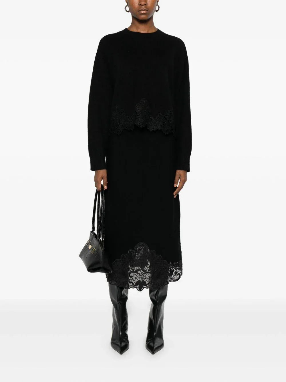 Maglione Nero con Inserto in Pizzo - Preludio Moda