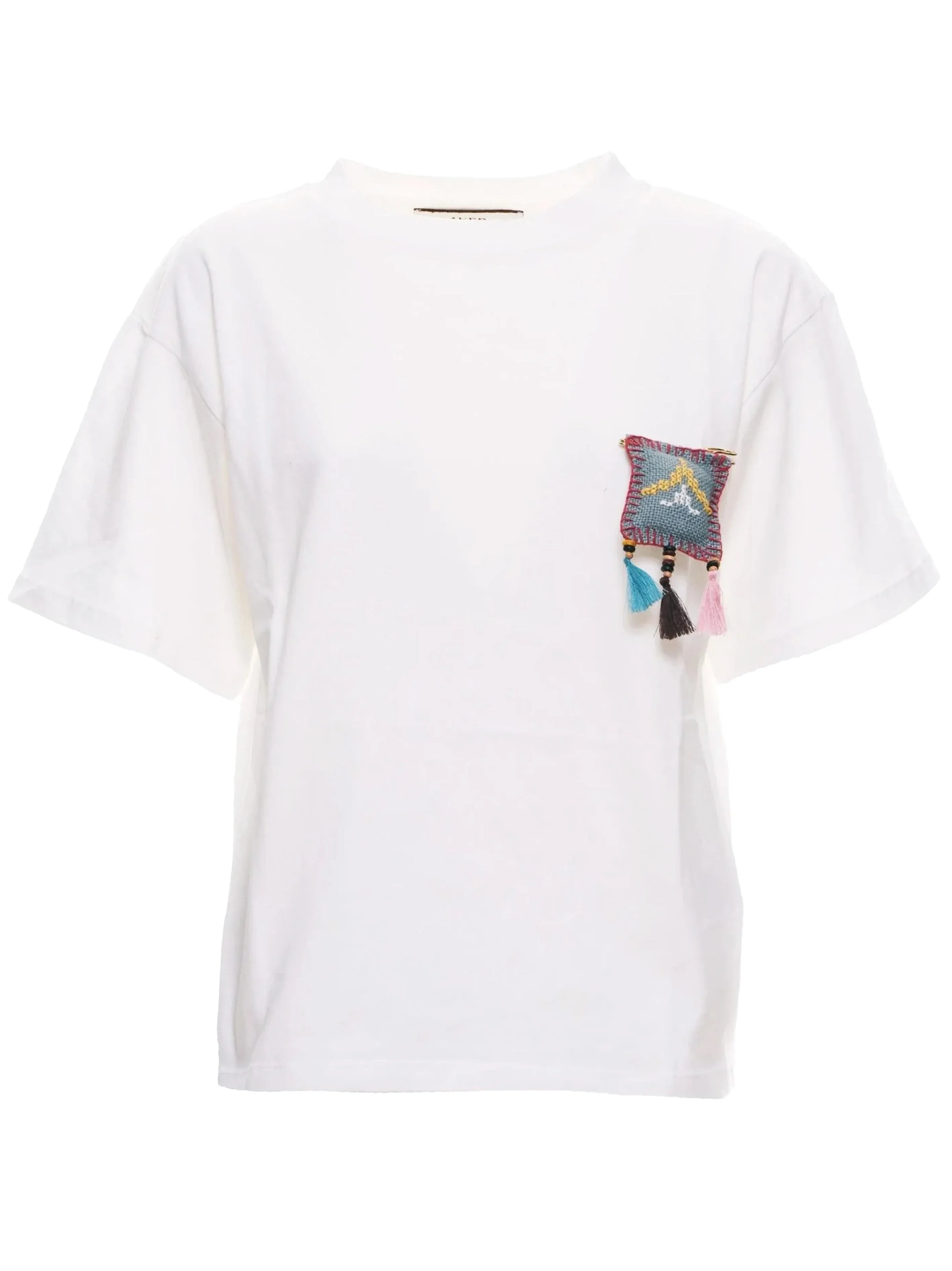 T-shirt bianca oversize con spilla ricamata - Preludio Moda