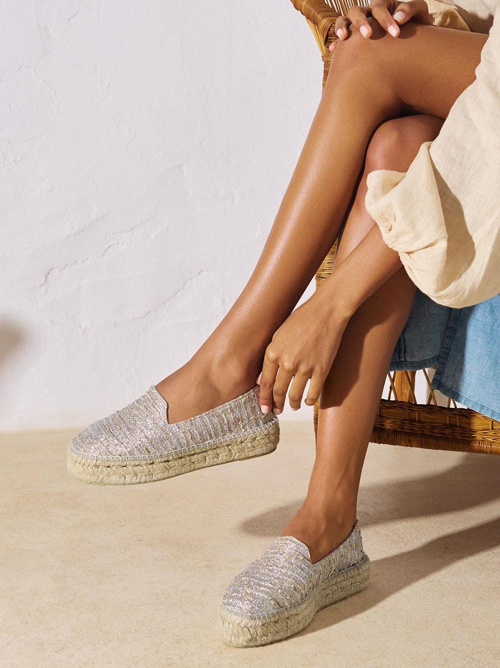 Lurex Cotton Blend Double Sole Espadrilles Monaco Platinum - Preludio Moda