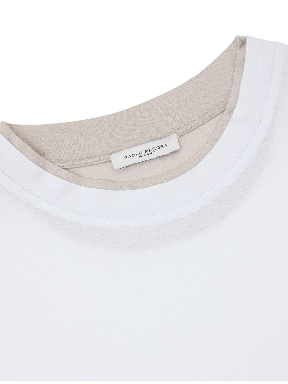 T-shirt bianca con profili beige in cotone extrafine