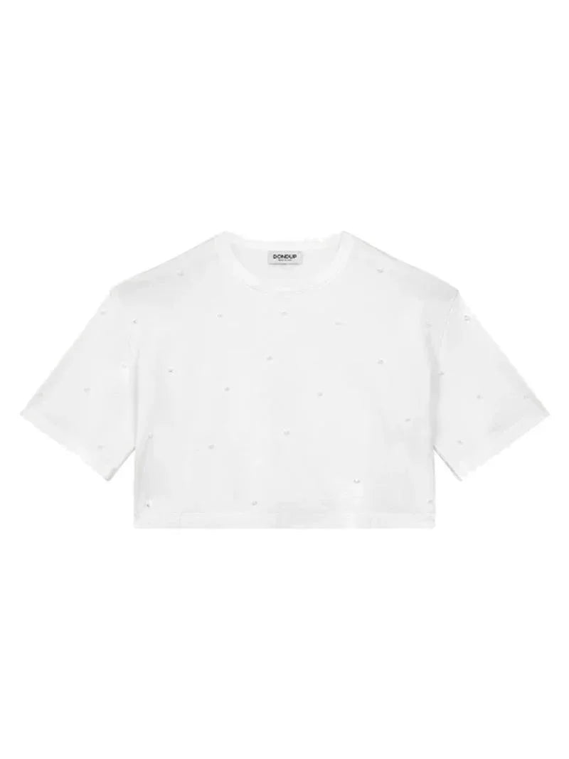 T-shirt bianca crop over con perline - Preludio Moda