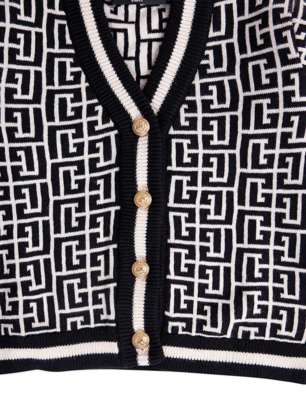 Cardigan Bianco e Nero con Motivo Geometrico BX9510Z2312 104NE BALMAIN KIDS