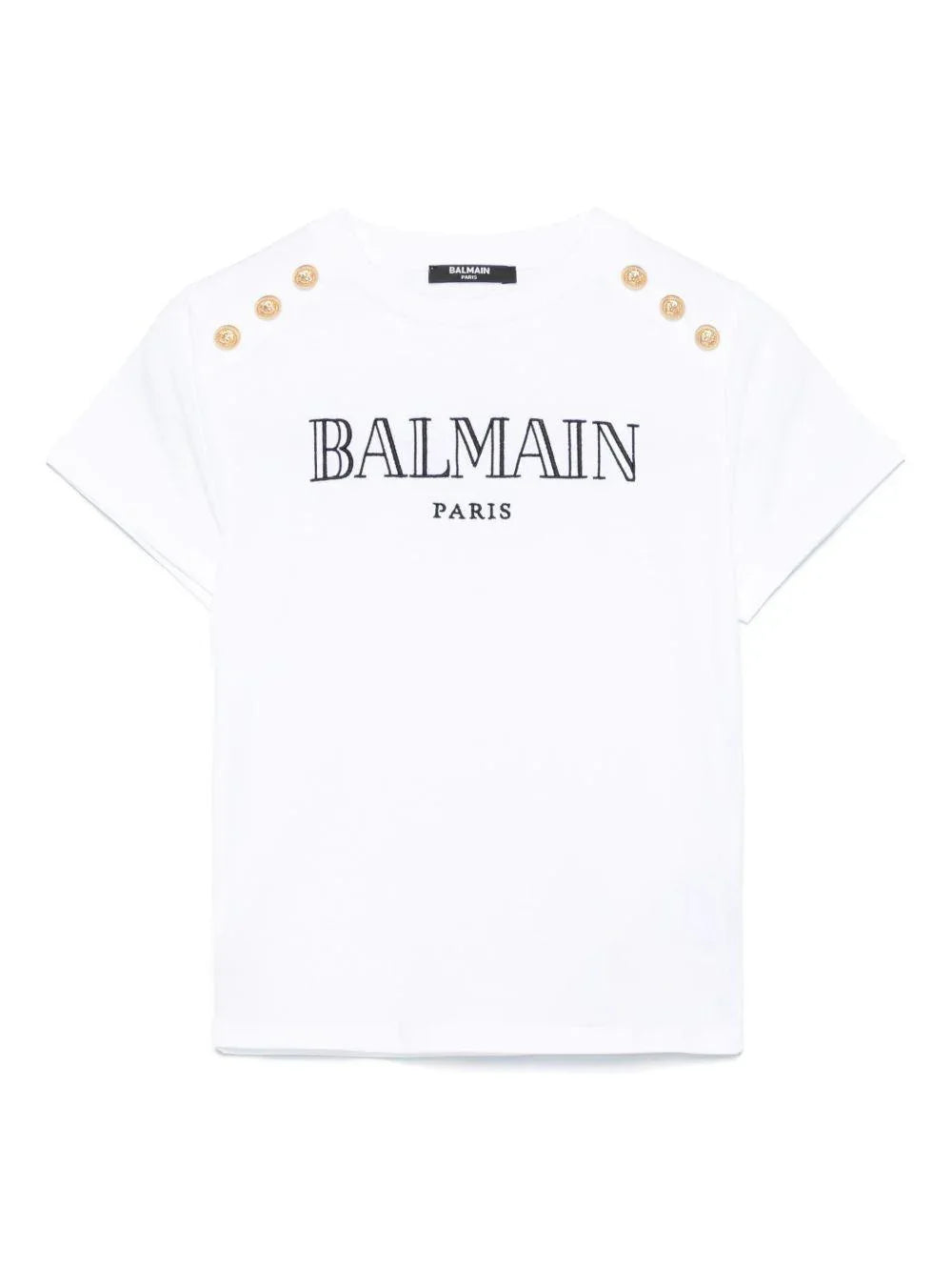 T-shirt bianca logo ricamato e bottoni oro su spalle - Preludio Moda