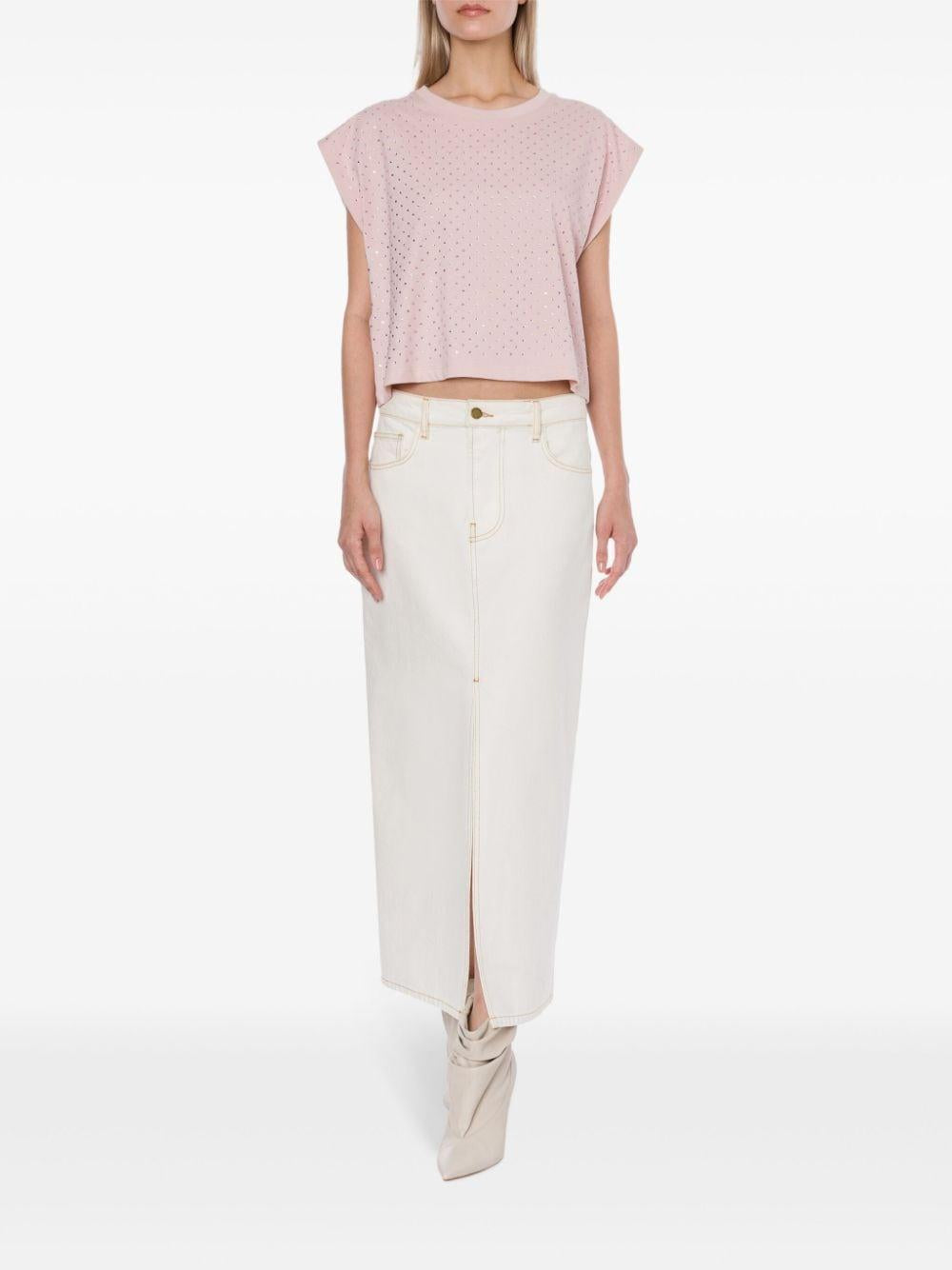 T-shirt crop rosa con strass
