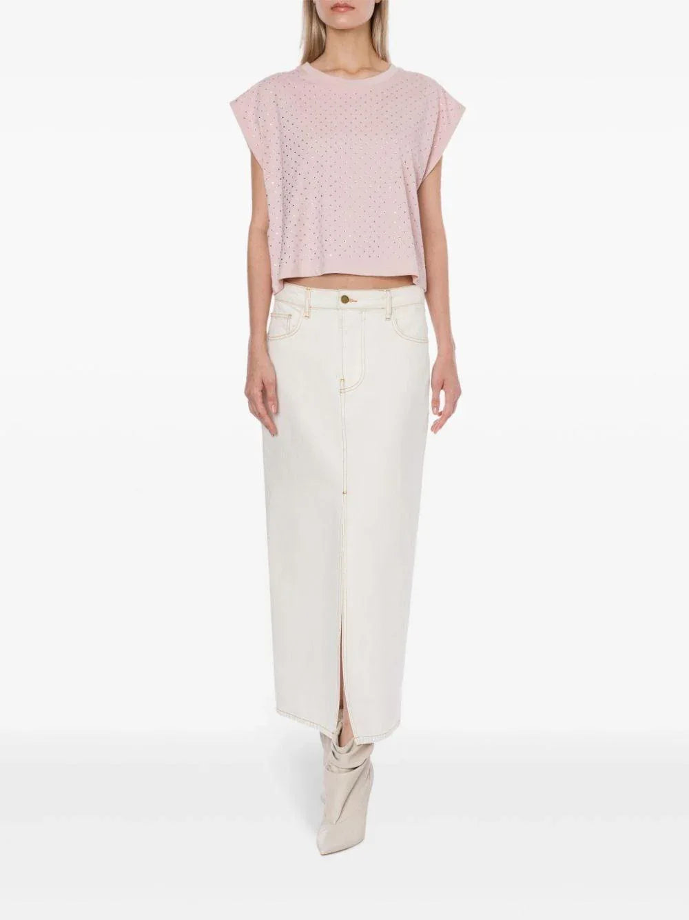 T-shirt crop rosa con strass - Preludio Moda