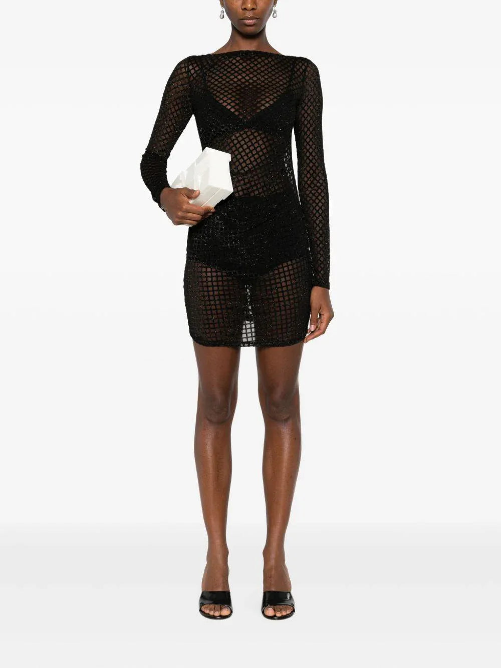 Abito corto nero con glitter e inserto in rete - Preludio Moda