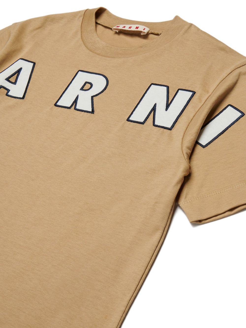 T-shirt beige in cotone con logo ricamato M01265M00RF 0M715 MARNI KIDS