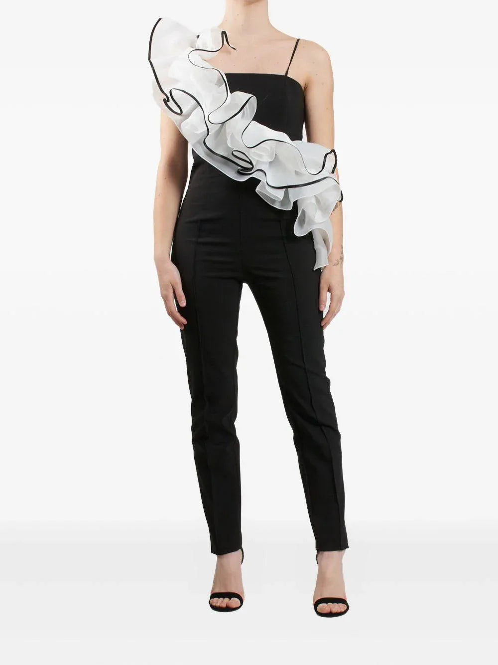 Tuta intera nera con voilant frontale asimmetrico - Preludio Moda