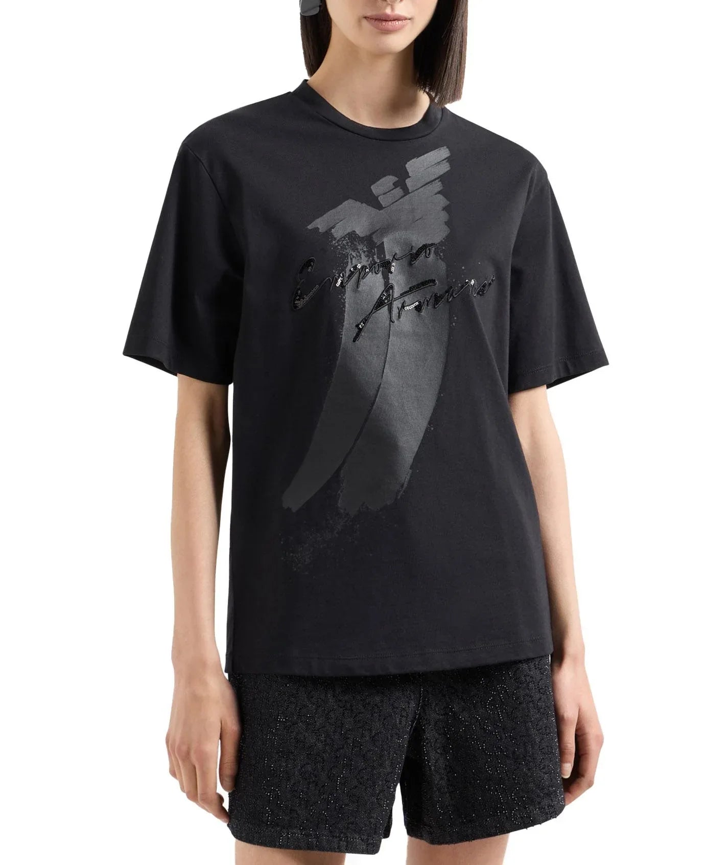 T-shirt nera logo paillettes - Preludio Moda