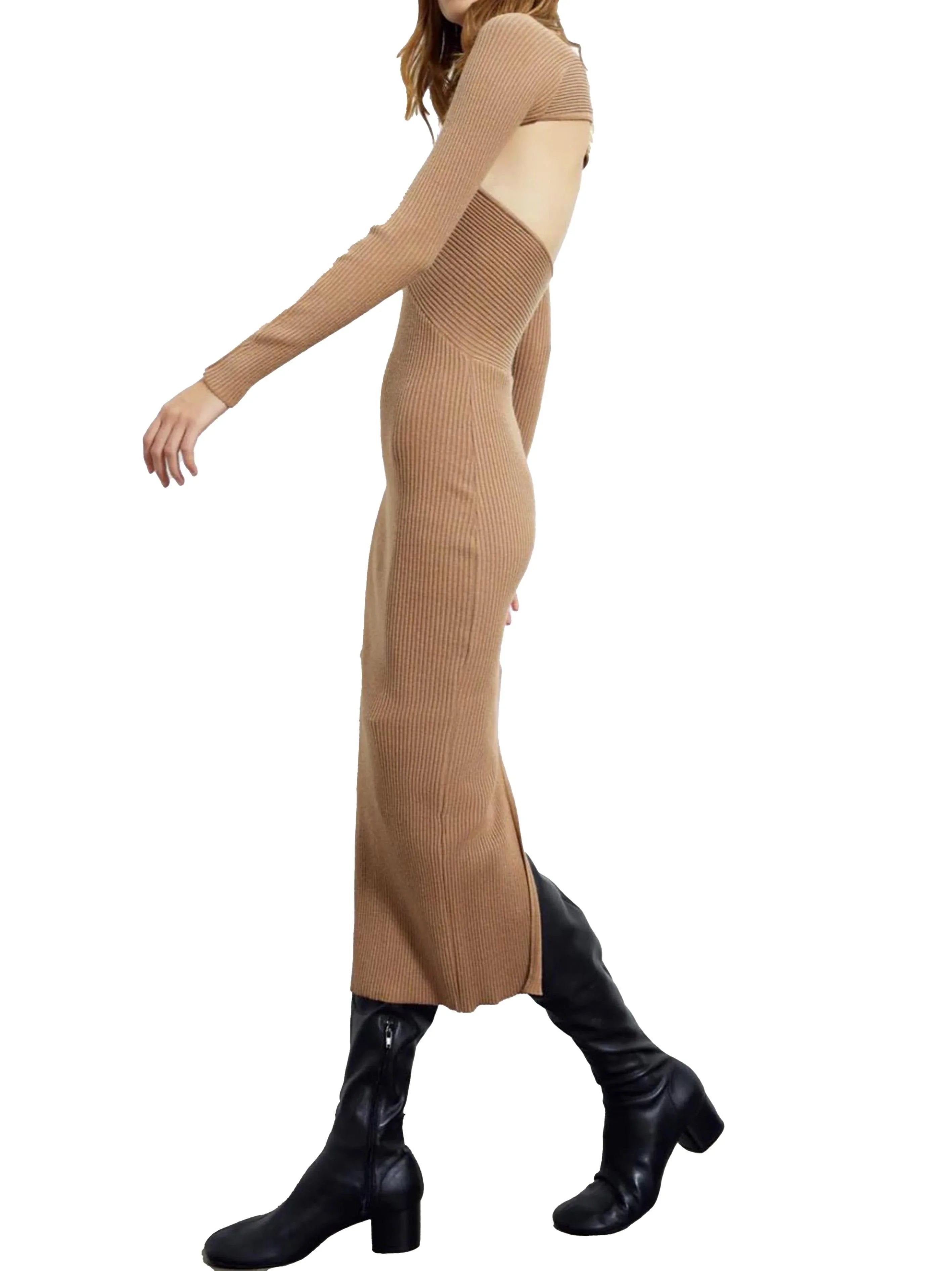 Abito midi a coste cut-out cammello - Preludio Moda