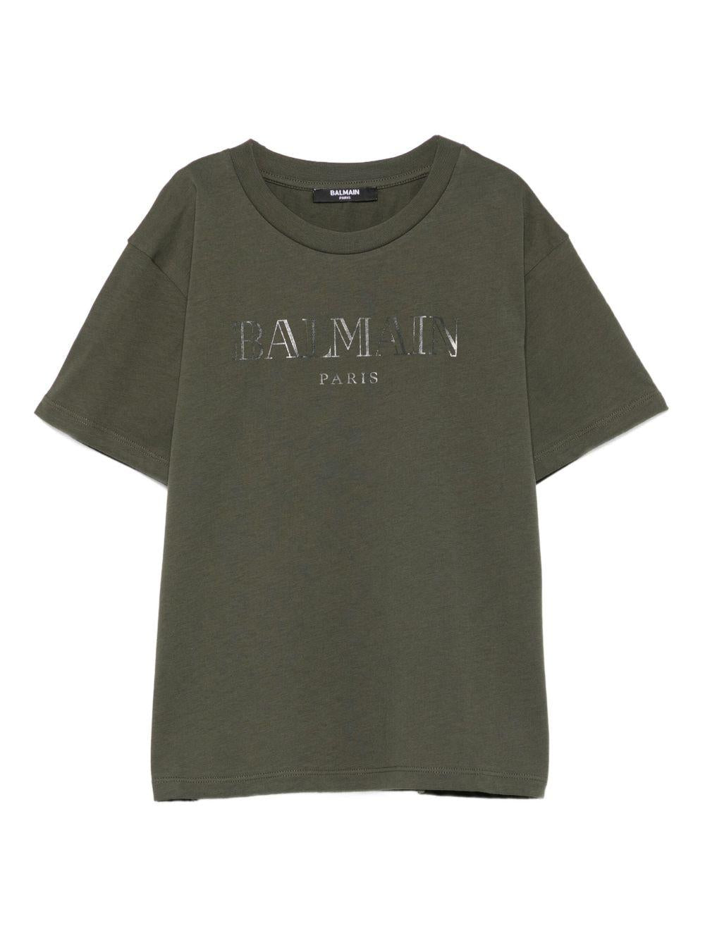 T-shirt Verde Oliva con Logo Metallizzato BX8Q81Z3186 762 BALMAIN KIDS