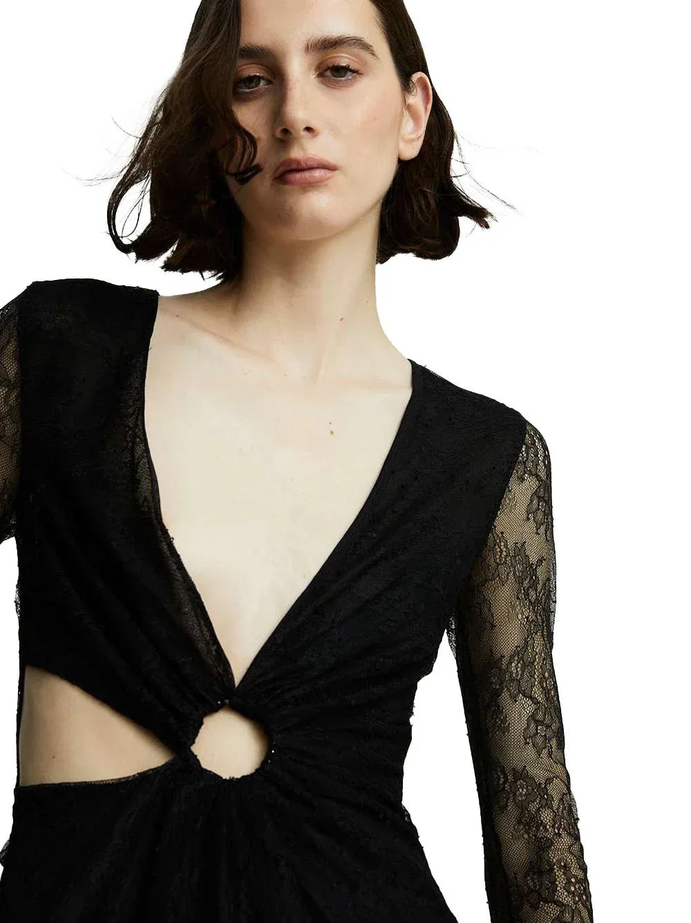 Abito nero lungo con maniche semitrasparenti ricamate - Preludio Moda