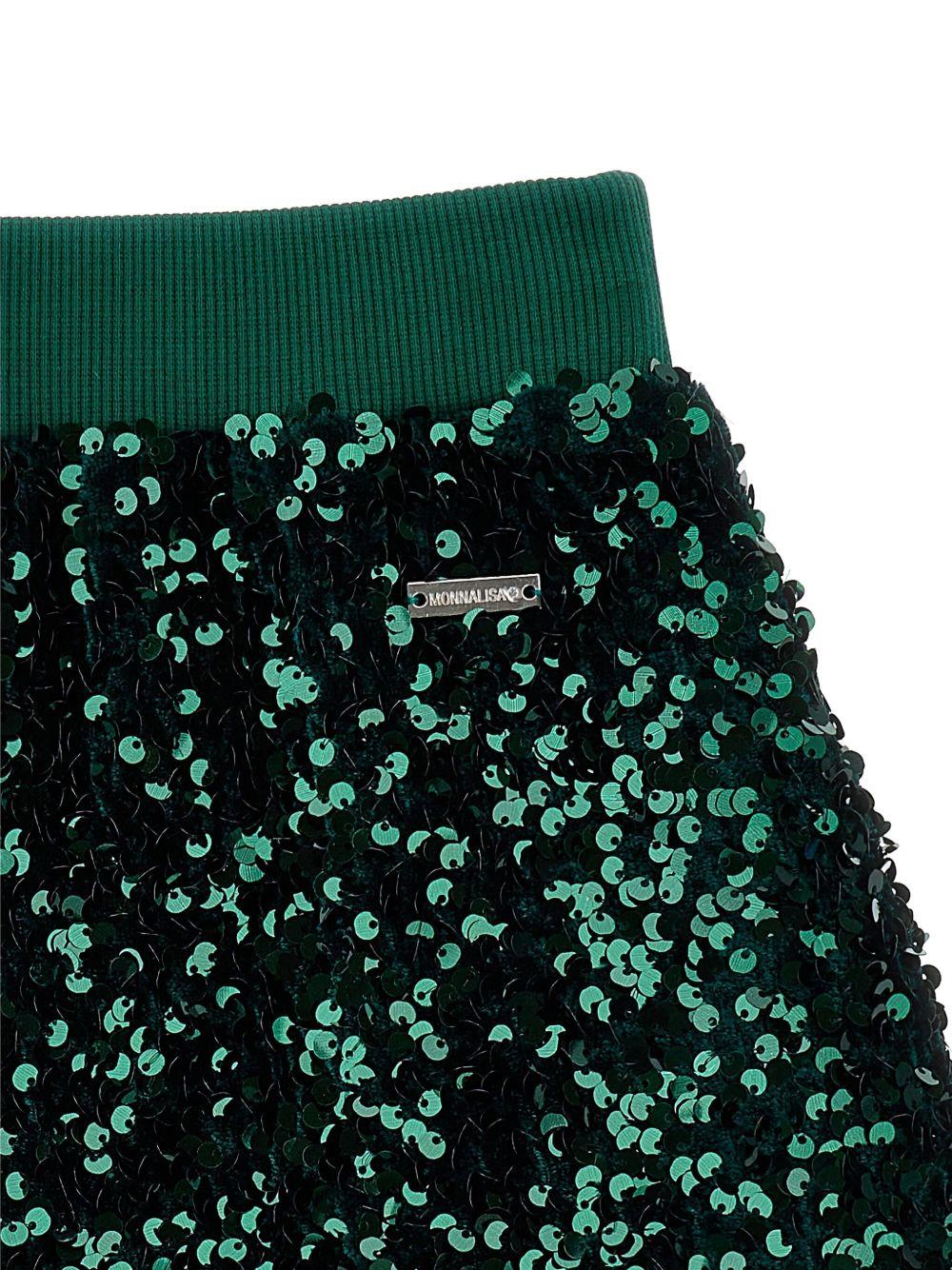Minigonna Verde Scuro con Paillettes e Logo 49F7016049 0025 MONNALISA KIDS