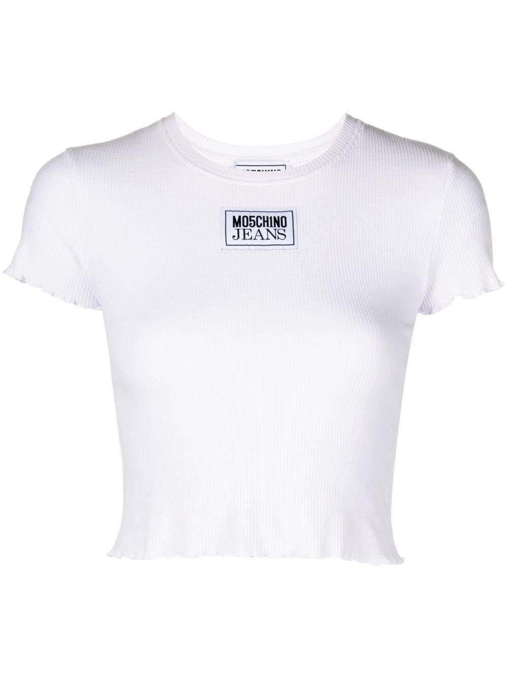 T-shirt crop a costine etichetta logo bianca