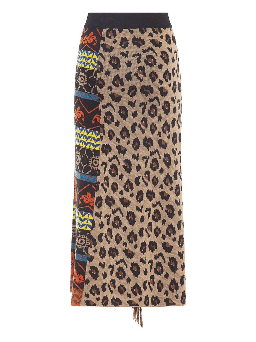 Gonna in maglia con fantasia animalier/multicolor con frange GOKD03099 V1 AKEP