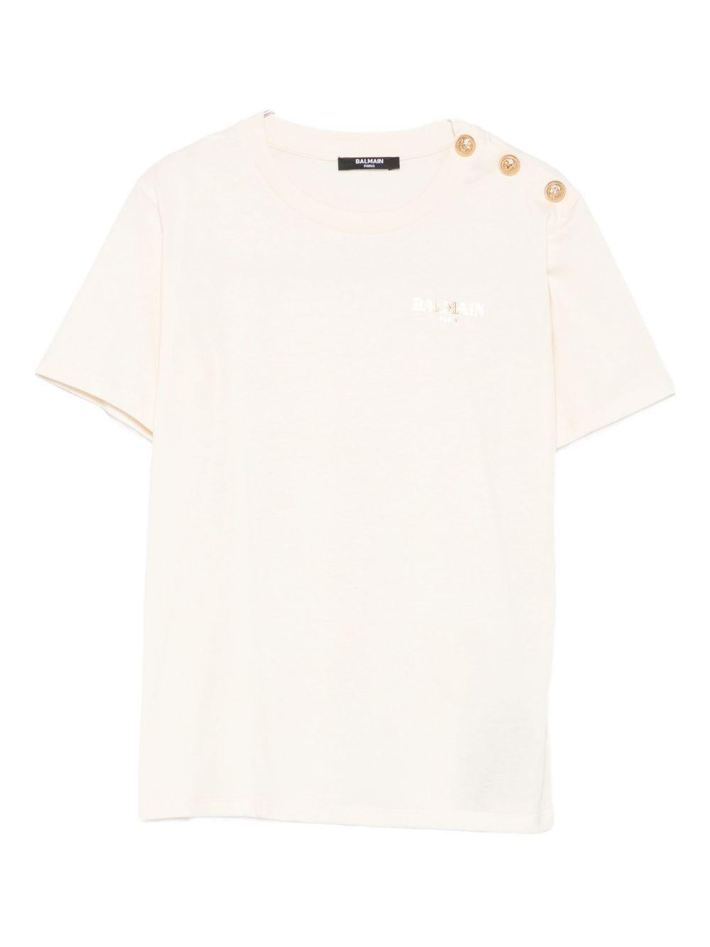 T-shirt Bambina in Cotone Beige con Logo e Bottoni Oro BX8R51Z3186 109OR BALMAIN KIDS