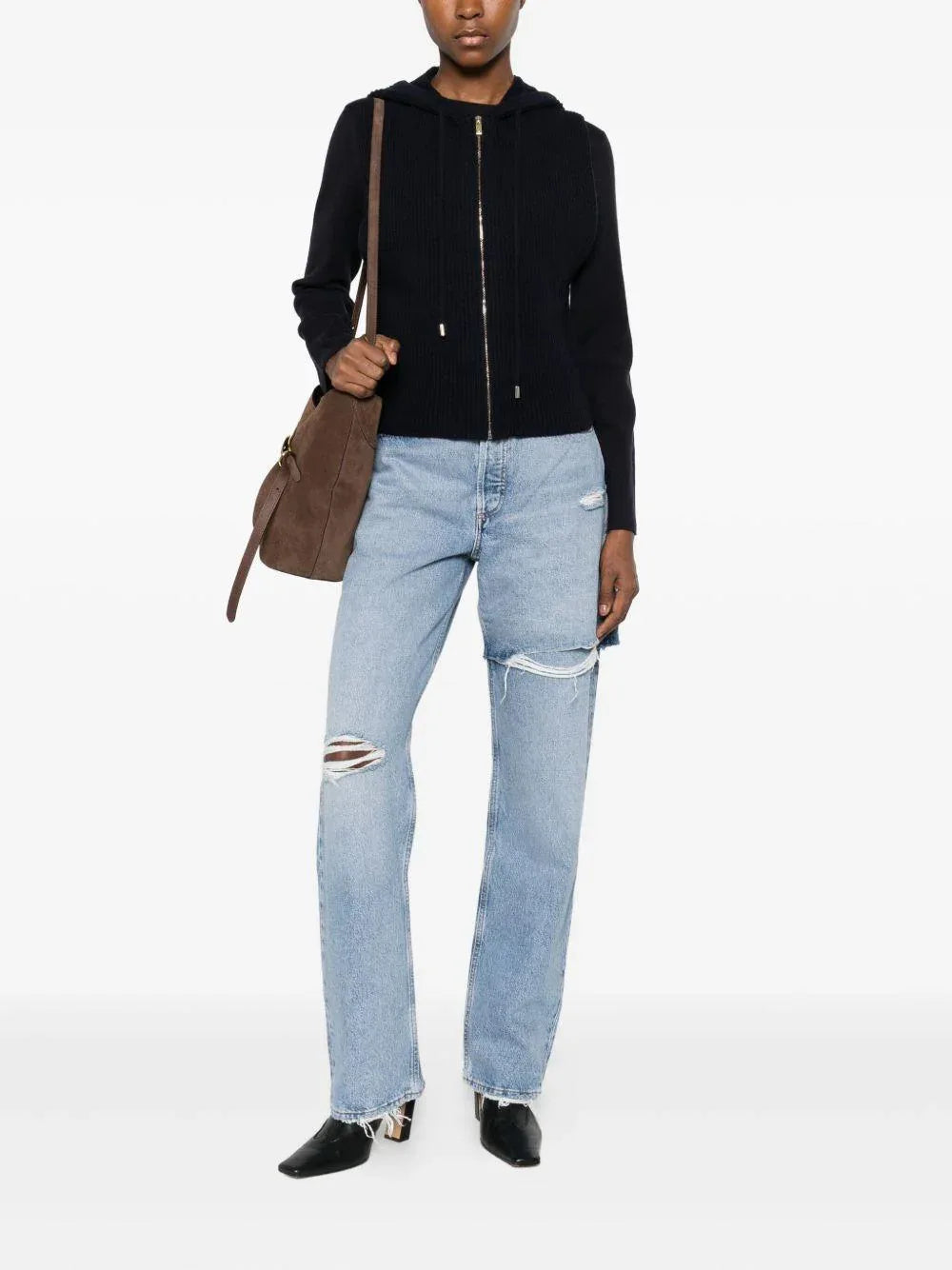 Giacca blu notte in maglia a coste con cappuccio - Preludio Moda