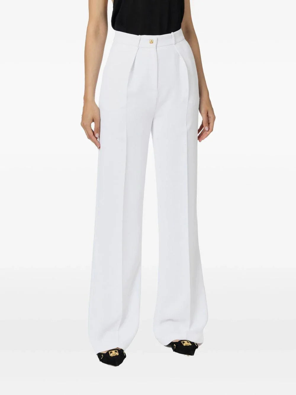 Pantalone dritto in crêpe fermo con bottone logato avorio - Preludio Moda