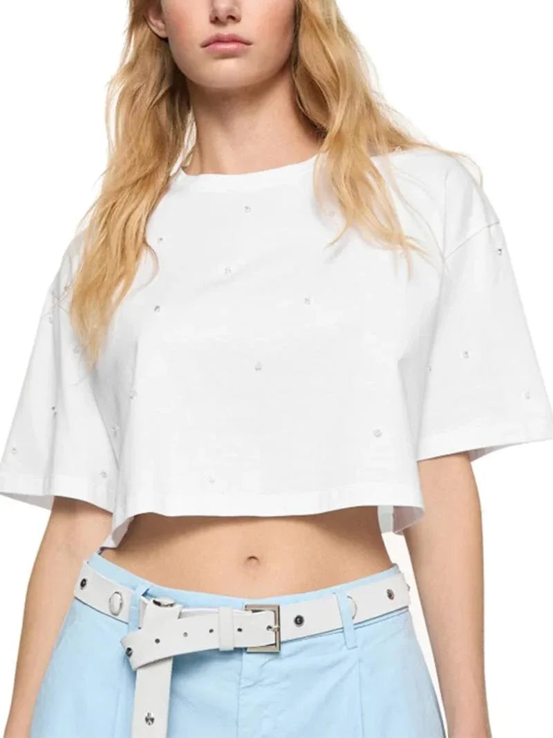 T-shirt bianca crop over con perline - Preludio Moda