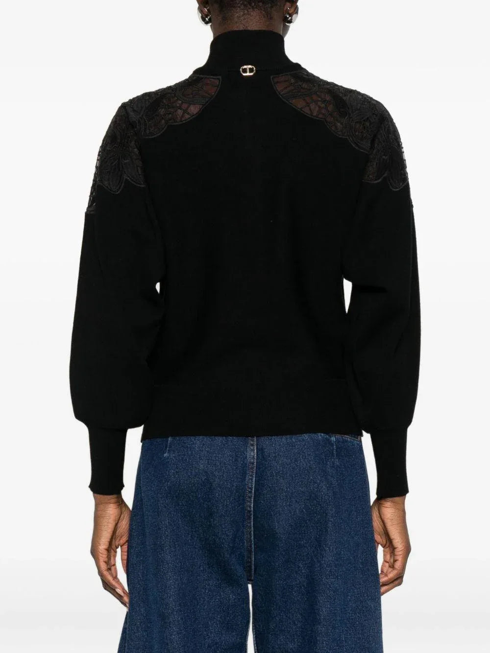 Giacca nera con zip e dettagli in pizzo floreale TWINSET - Preludio Moda