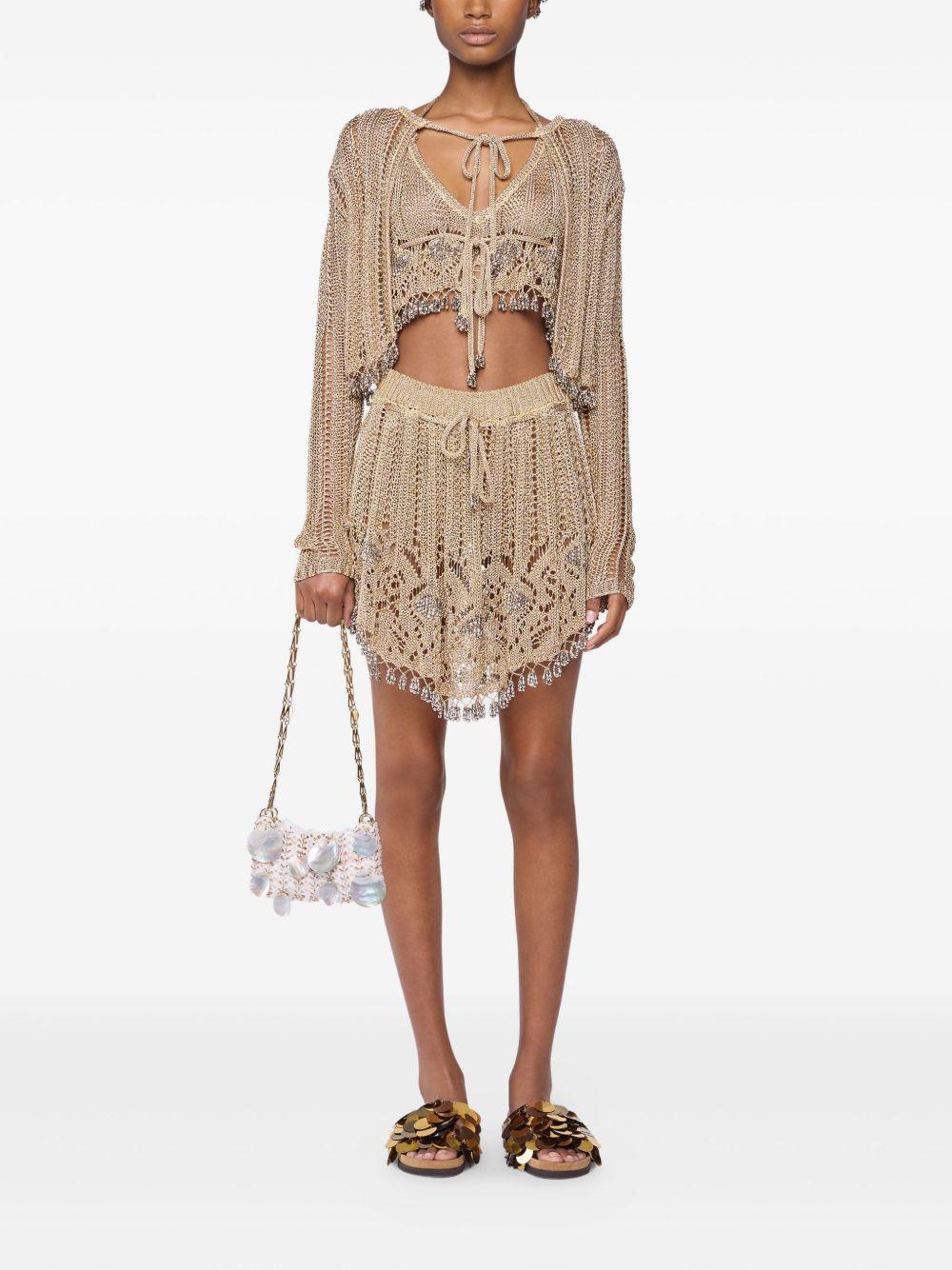 Cardigan dorato a maglia all'uncinetto con chiusura a lacci 25AMPU046ML0317 P717 RABANNE