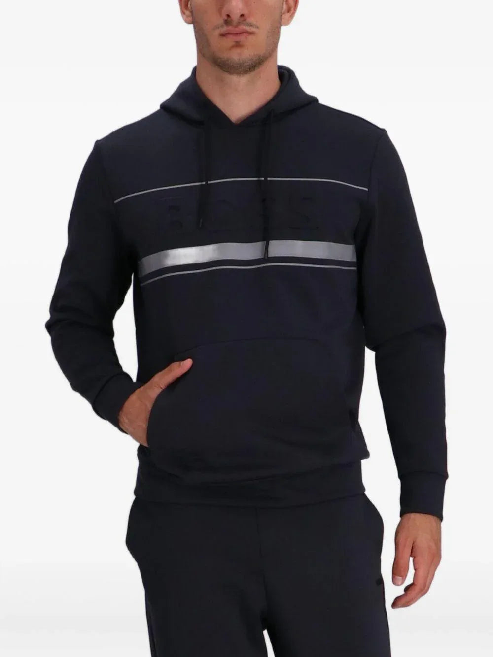 Felpa con Capuccio con Banda Logata Blu Scuro - Preludio Moda