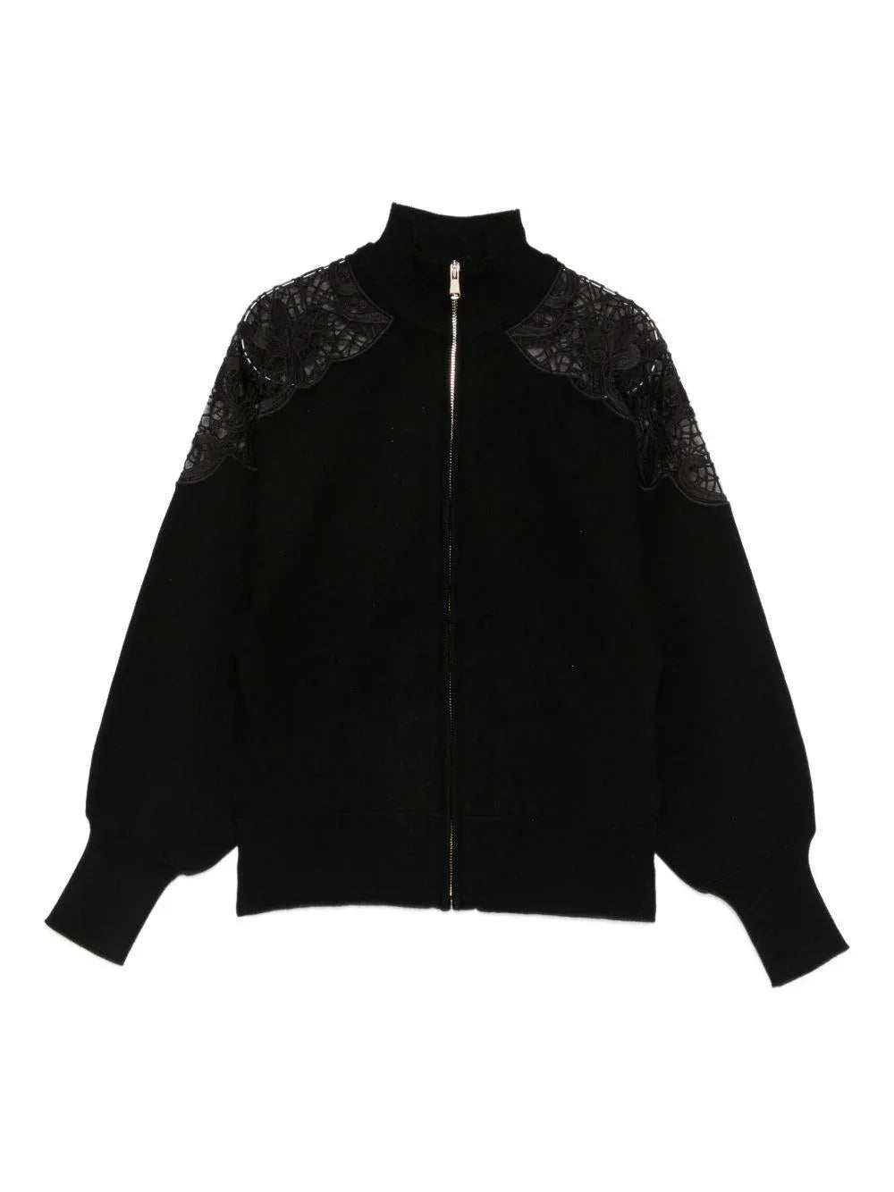 Giacca nera con zip e dettagli in pizzo floreale TWINSET - Preludio Moda