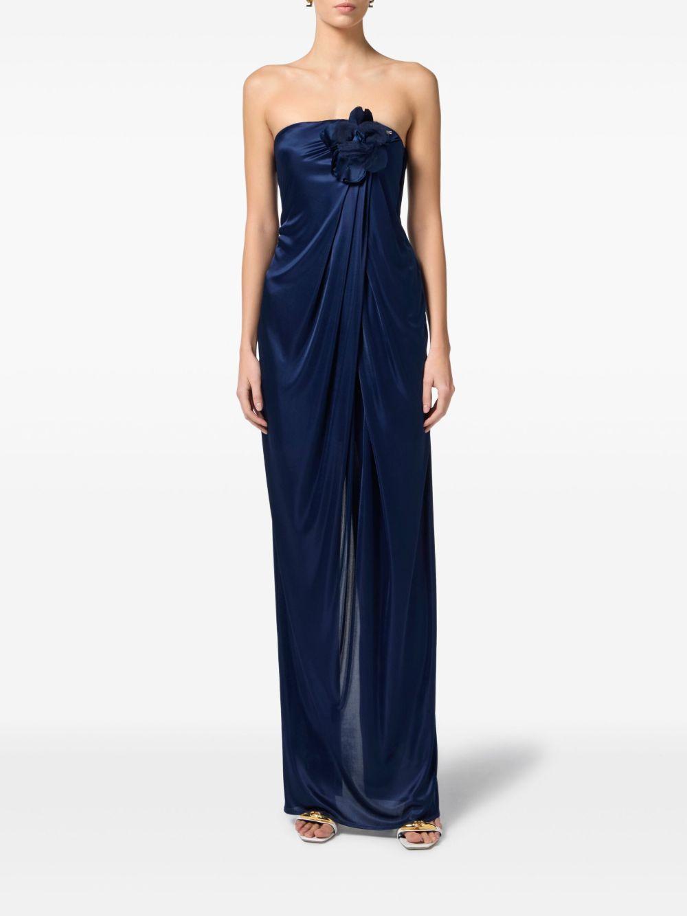 Abito Red Carpet in jersey lucido con fiore ricamato blu