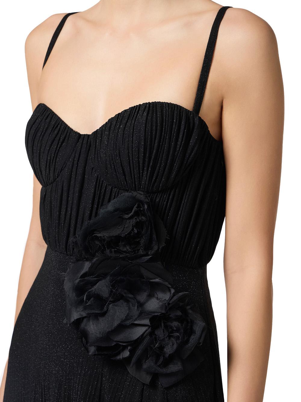 Abito Red Carpet in jersey lurex con fiore ricamato nero