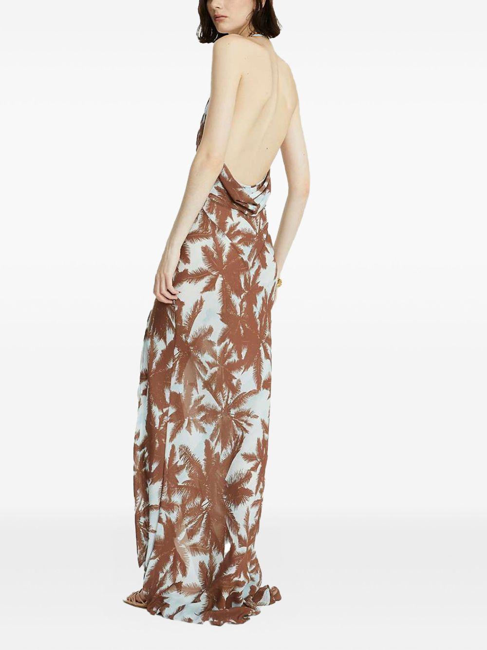 Abito con fantasia palme all-over marrone e celeste