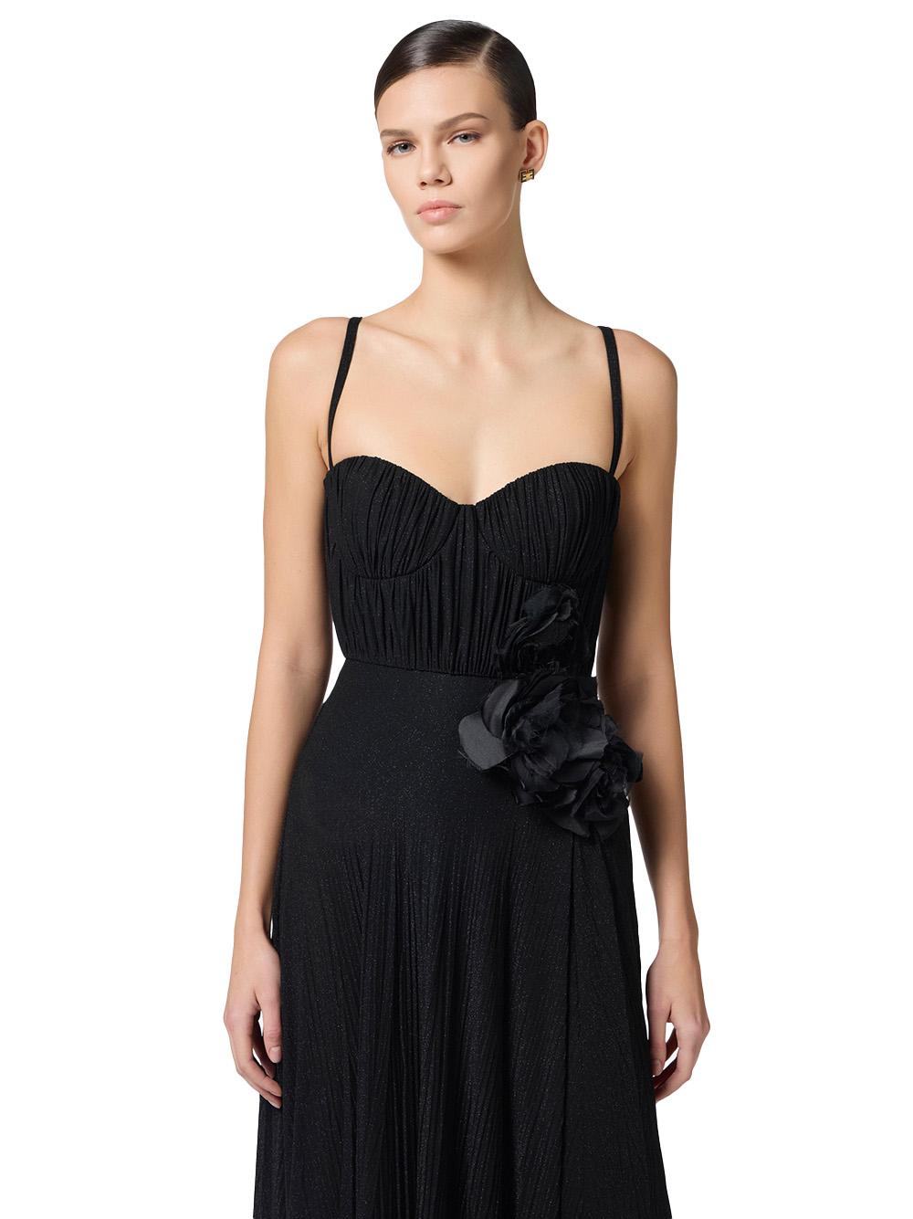 Abito Red Carpet in jersey lurex con fiore ricamato nero