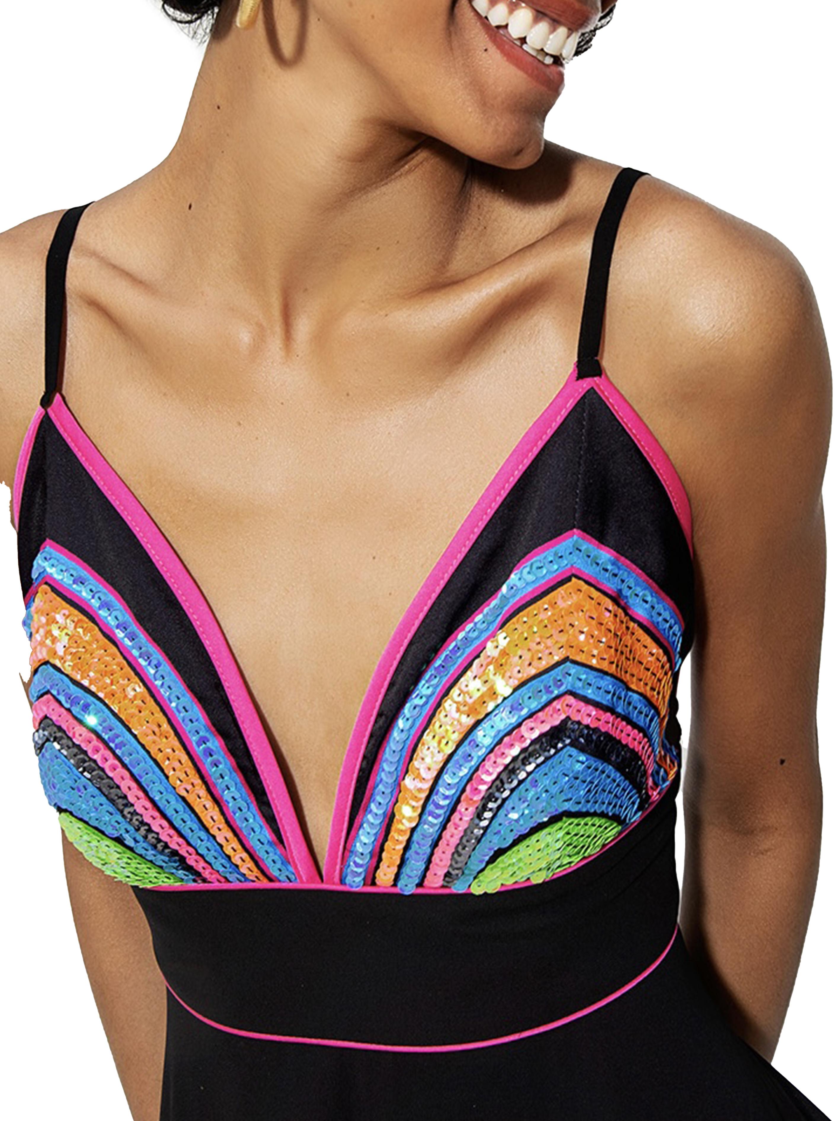 Abito nero lungo scollo paillettes multicolor T4337 BLACK TWINS