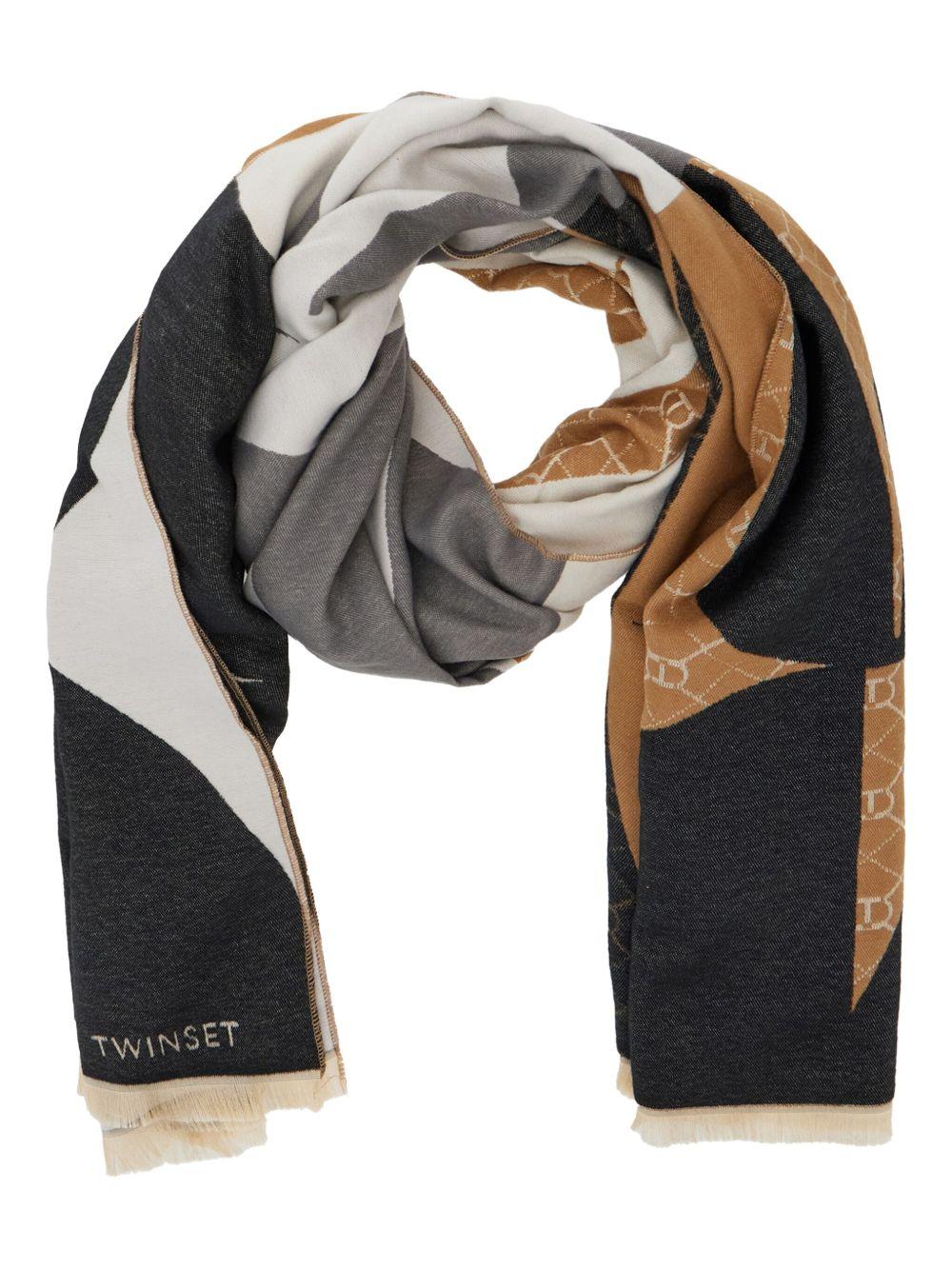 Sciarpa Nera con Motivo Geometrico e Frange 252TA4270 12649 TWINSET