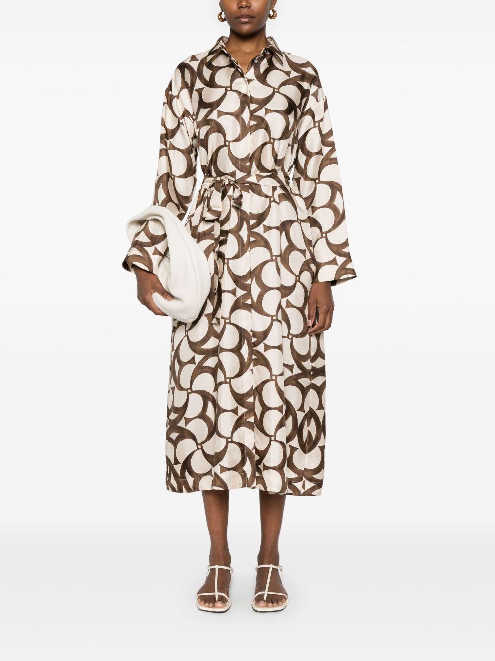 Ileana ecru/brown printed silk shirt dress