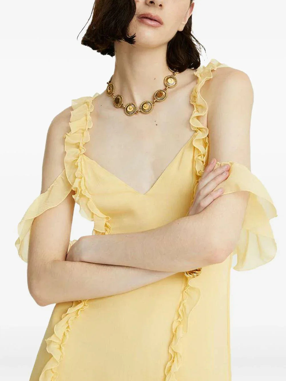 Abito giallo in crepe lungo con dettagli in rushes - Preludio Moda