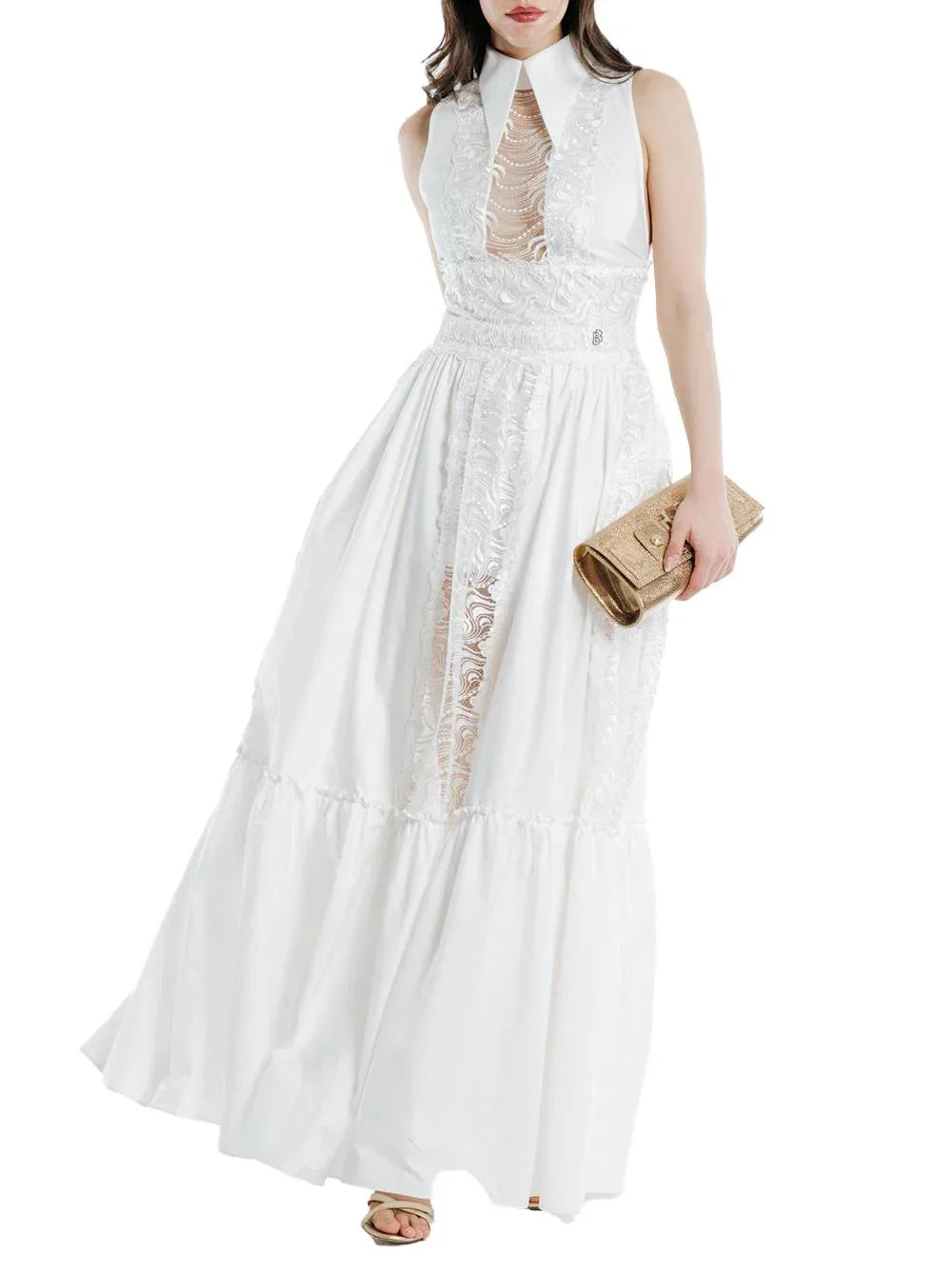 Abito lungo bianco con semitrasparenze ricamate - Preludio Moda