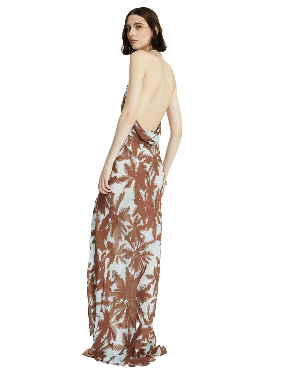 Abito con fantasia palme all-over marrone e celeste