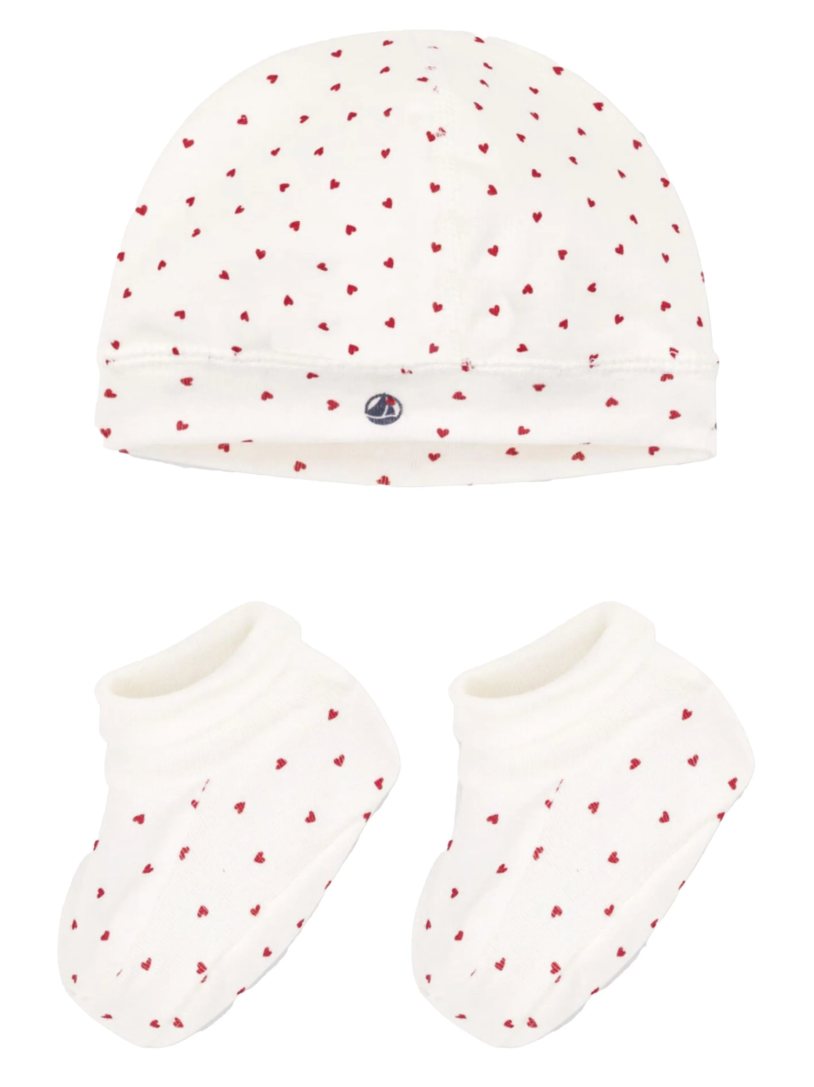 Set cappello e babusce fantasia con cuori neonato bianco/rosso (2pz) - Preludio Moda