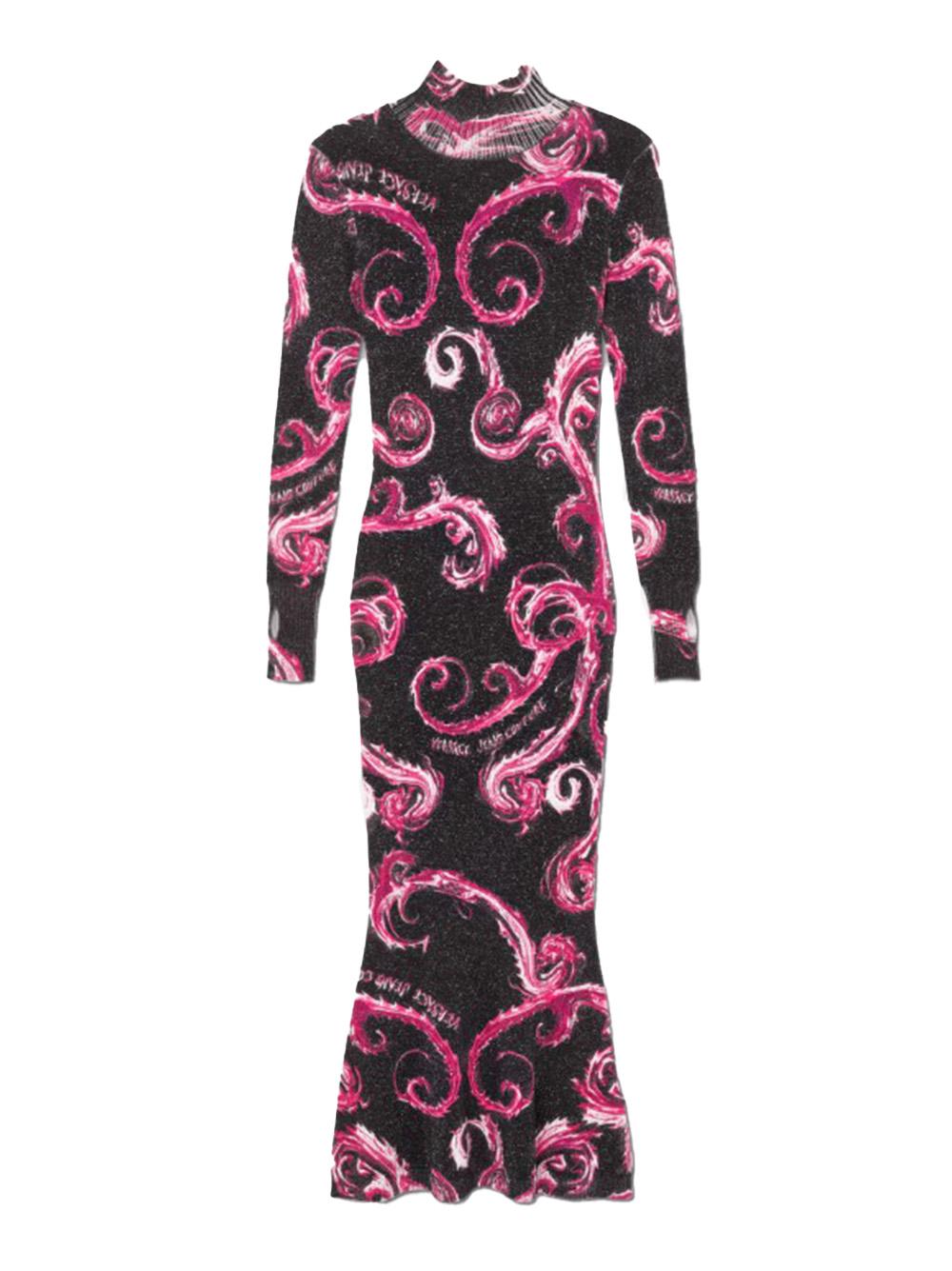 Abito midi in lurex fantasia baroque nero/fucsia 77HAOM31CMN80 QY2 VERSACE JEANS