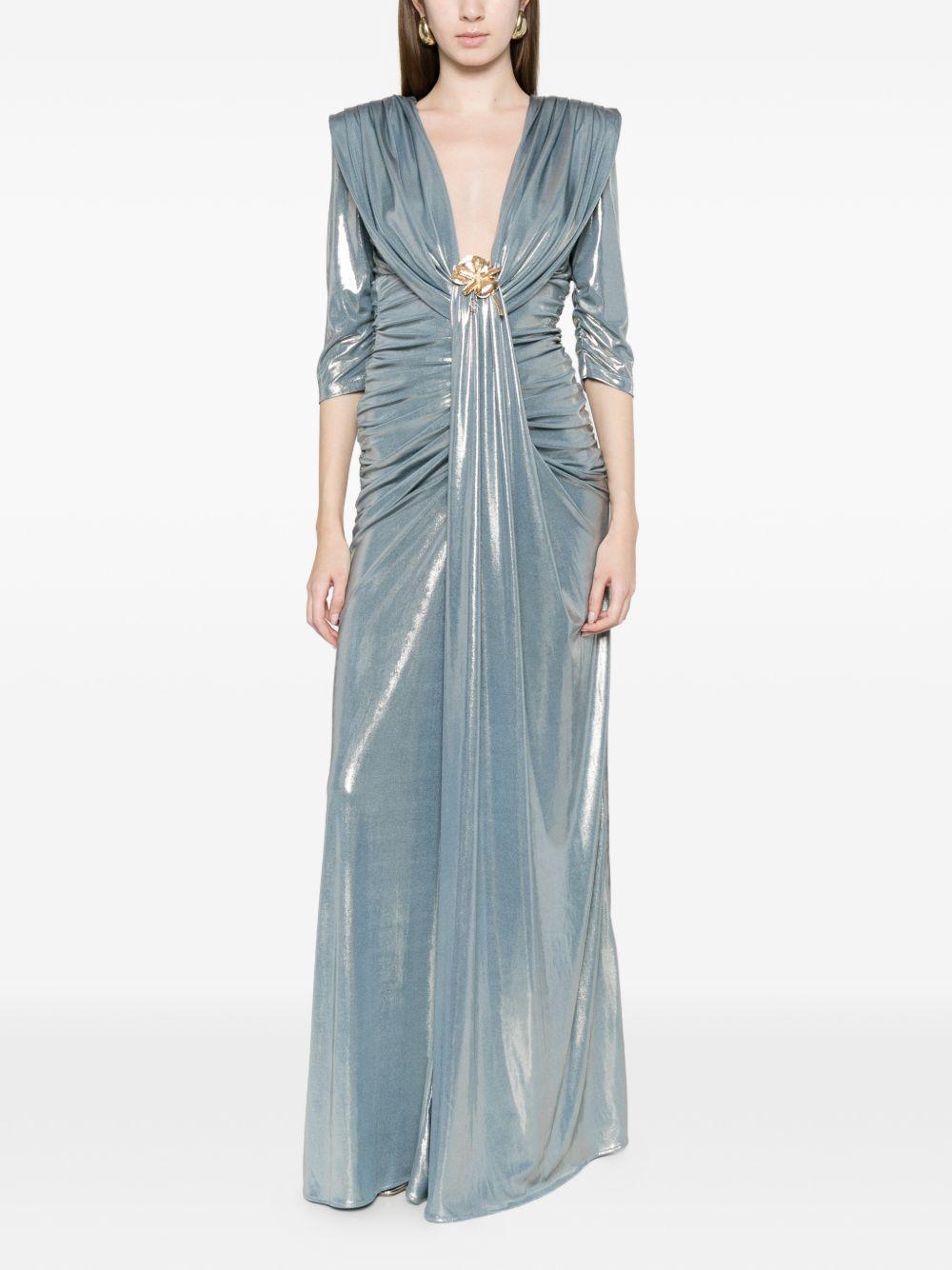 Abito lungo con applicazioni metalliche scollo a V WS00911 ARGENTO BABYLON COLLECTION