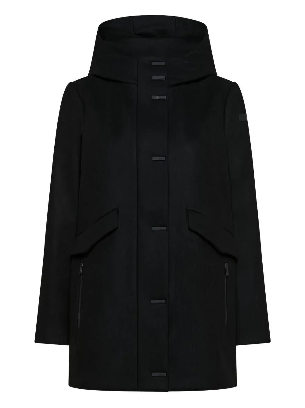 Cappotto nero tascabile con cappuccio - Preludio Moda