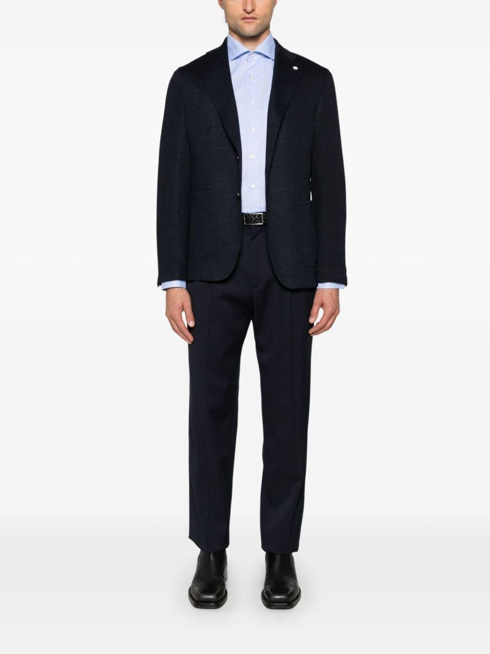 Blazer blu micro texture con spilla logo