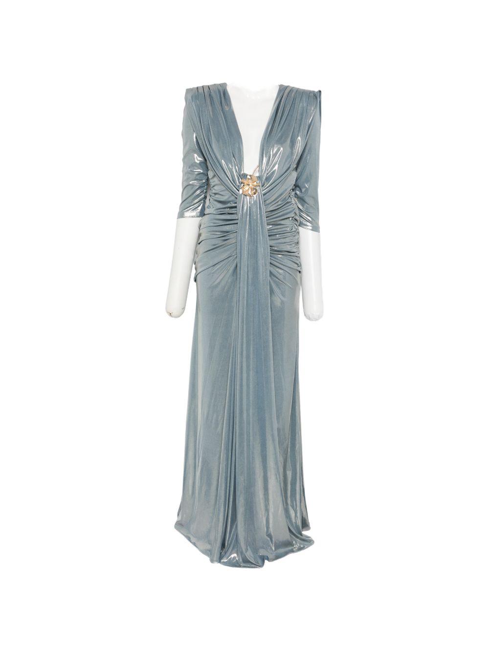 Abito lungo con applicazioni metalliche scollo a V WS00911 ARGENTO BABYLON COLLECTION