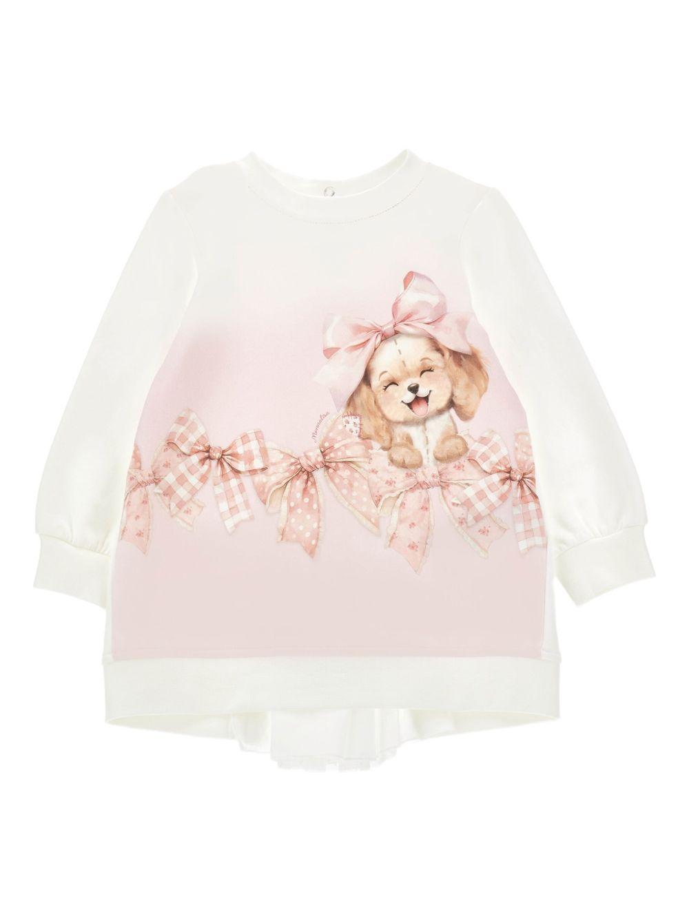 Abito Bianco Maniche Lunghe con Stampa e Chiusura Posteriore 39F9016004 0190 MONNALISA KIDS
