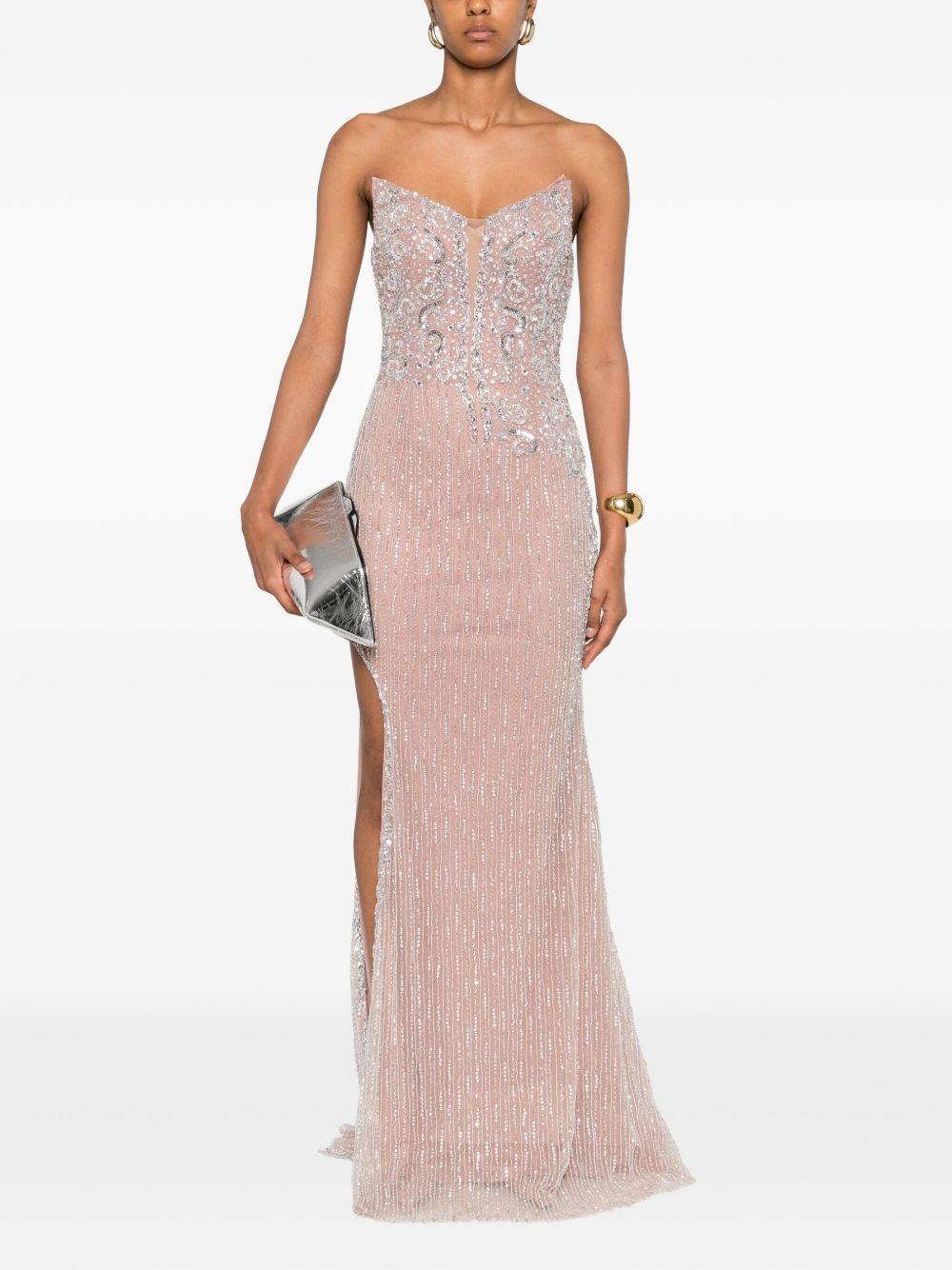 Abito Lungo Rosa Senza Spalline con Paillettes e Perline - Preludio Moda